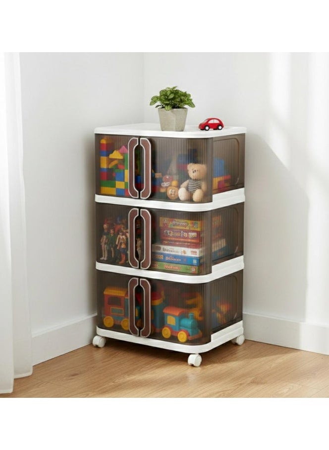 Spaceshoop 4 Tier Plastic Storage Cabinet with Wheels Modern Fluted Design Organizer with Transparent Drawers and Easy Pull Handles Brown and Cream White Large - Image 4